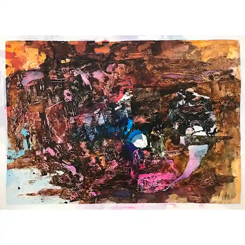 Gold Gourds abstract acrylic painting by Samir Shareef with warm golden tones and expressive brushwork on paper artwork