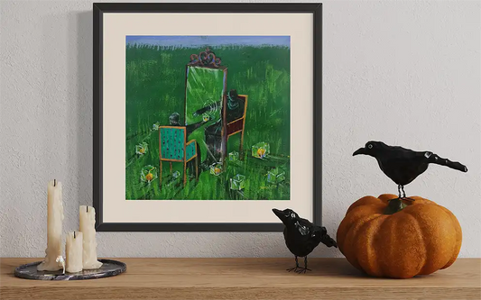 Yasmeen Abdullah green garden painting mockup on white wall with autumn decor, black ravens, pumpkin and candles display