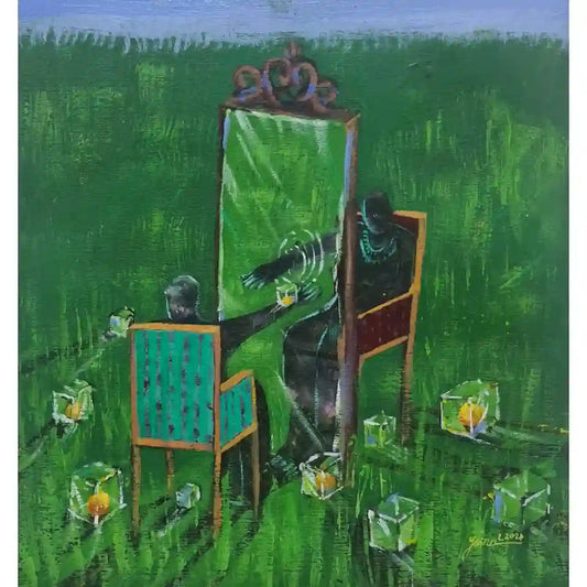 Yasmeen Abdullah acrylic: figure in green garden with chairs and glass cubes, monochromatic green contemporary art.