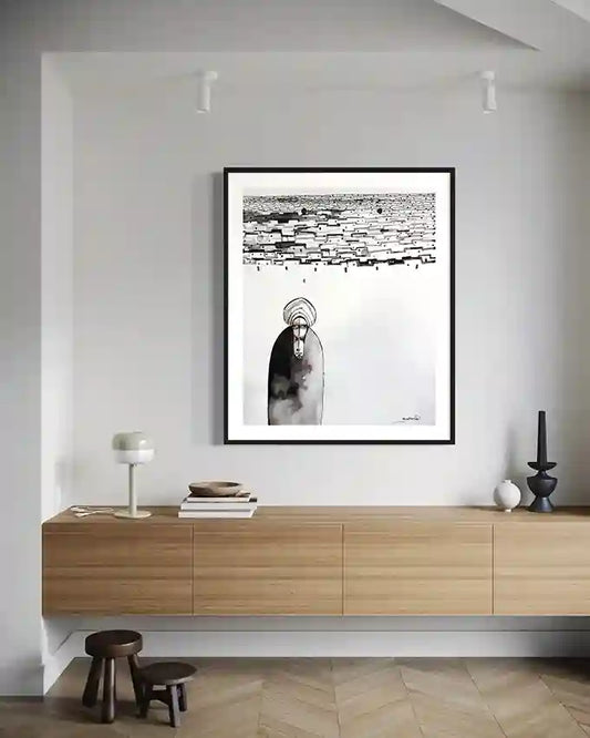 Grey Horizon art print by Abushariaa Ahmed displayed in minimalist modern interior with floating wood sideboard