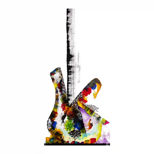 A colorful abstract art print of a guitar with a mix of cultural elements and motifs, including calligraphy, by Yousif Ibrahim.