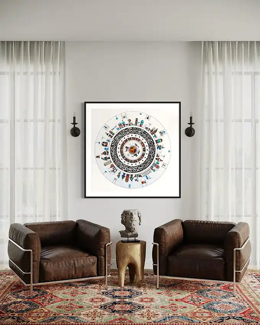 Cycle of Life 5 mandala art print by Gungalito in black frame displayed in elegant living room with leather chairs and rug