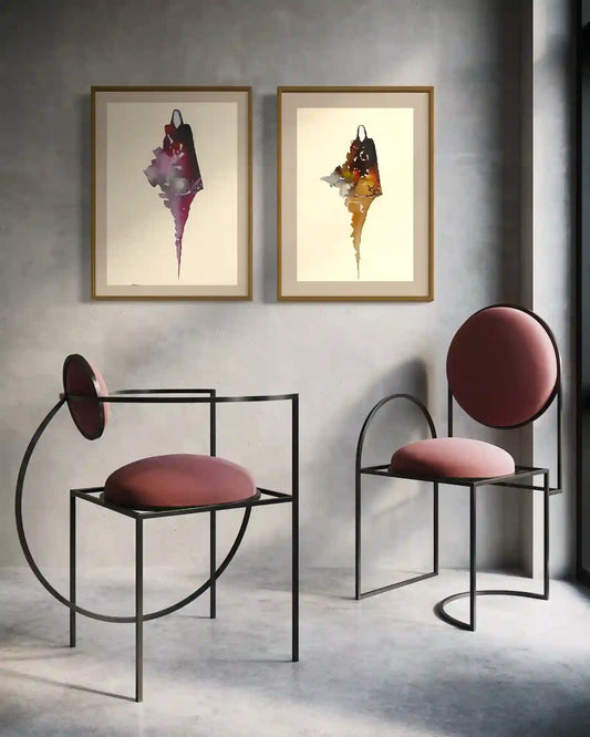 Lady From My Culture by Gungalito - Two framed watercolor prints in burgundy and gold tones styled as modern wall diptych