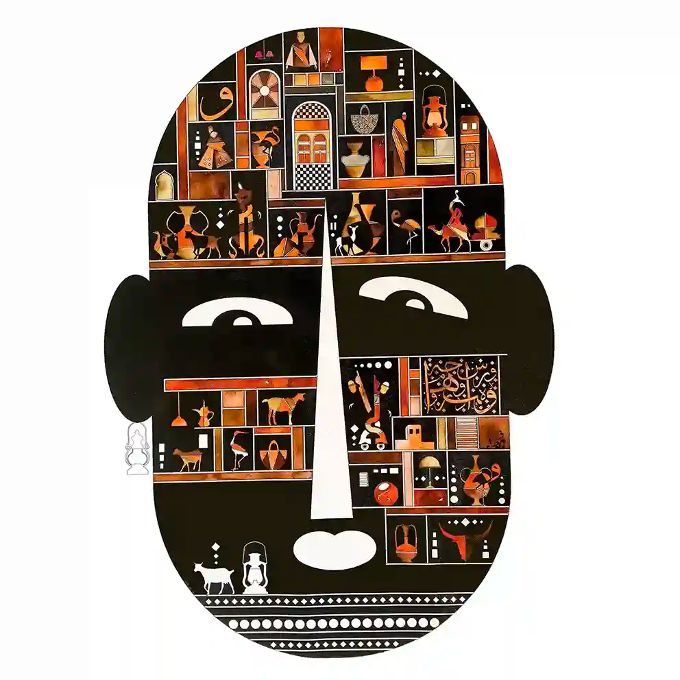 Mask of Life by Gungalito - acrylic painting of face silhouette filled with Middle Eastern cultural motifs and Arabic art