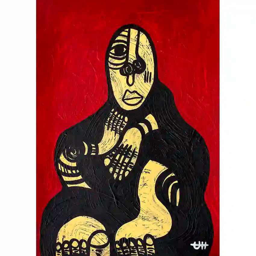 Art print "Haboba" by Usra Hamza showing grandmother figure in black robes against red background, Sudanese culture art