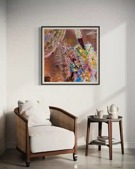 Sufi 13 art print by Hani Khalil framed above wooden armchair in sophisticated reading nook with neutral decor - classic styling