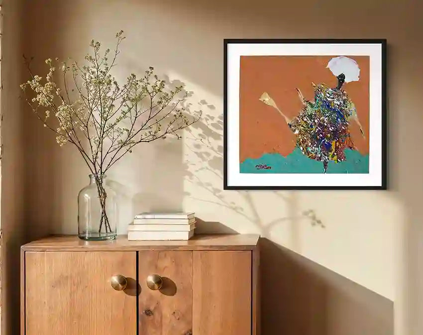 Hani Khalil Sufi 4 abstract dancing art print in frame on wall - brown and turquoise spiritual artwork home decor mockup