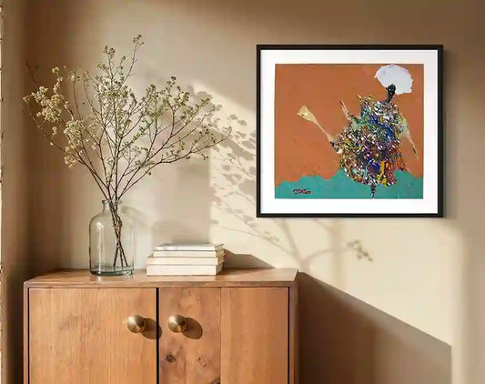 Hani Khalil Sufi 4 abstract dancing art print in frame on wall - brown and turquoise spiritual artwork home decor mockup