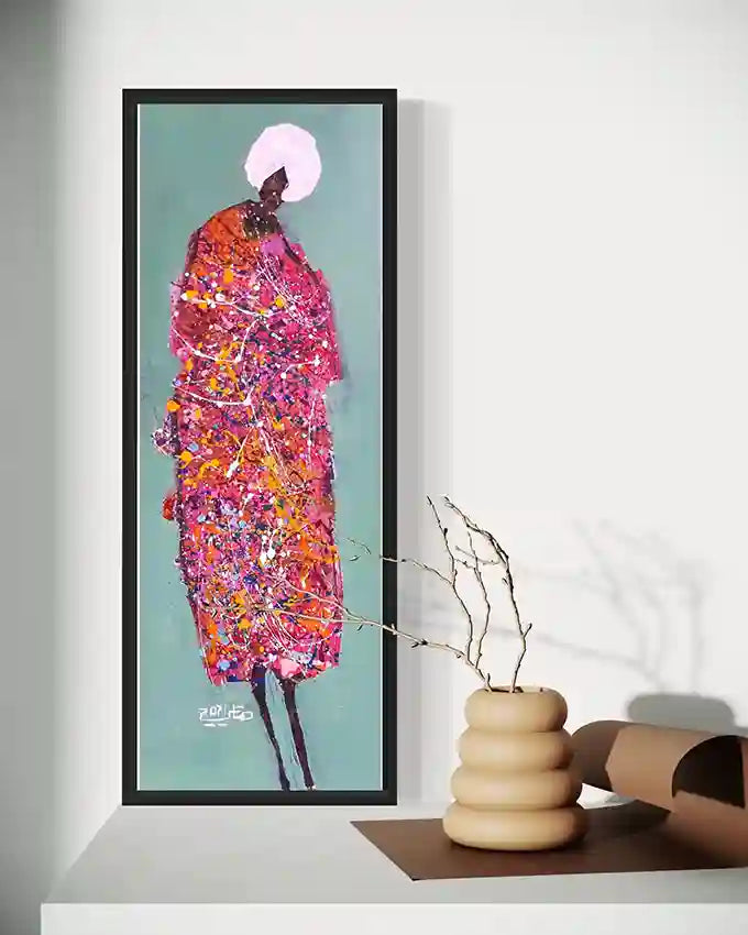 Hani Khalil Sufi 5 vertical art print in black frame on white wall above modern console with vase - spiritual artwork mockup