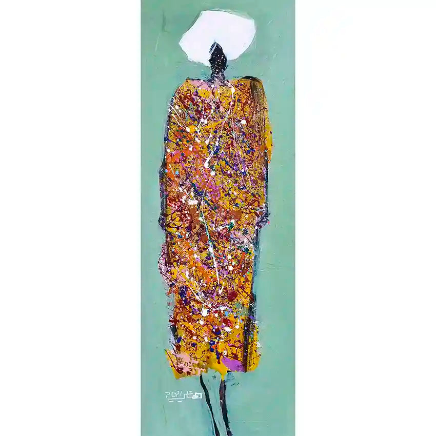 Sufi 6 abstract spiritual art by Hani Khalil featuring tall meditative figure with golden paint splatters on sage green