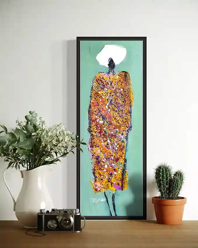 Hani Khalil Sufi 6 vertical art print in black frame on white wall above modern console with vase - sage green gold artwork