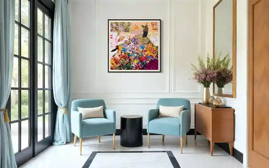 Sufi 8 abstract art print by Hani Khalil in elegant living room with mint chairs, showing colourful Sudanese artwork