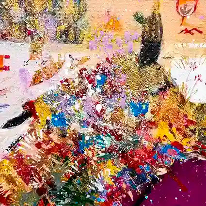 Sufi 8 abstract by Sudanese artist Hani Khalil with vibrant mixed media featuring gold, purple, blue and red expressionist