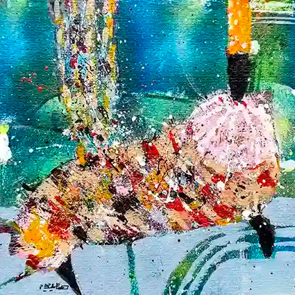 Abstract artwork Sufi 9 by Hani Khalil with vibrant splashes of turquoise, pink, yellow and red paint on canvas