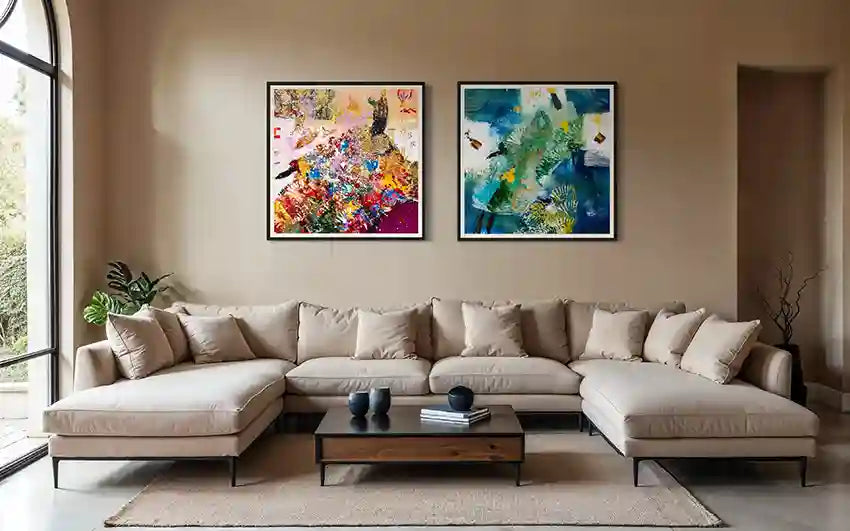 Two Hani Khalil Sufi prints above beige sectional sofa, showcasing contemporary Sudanese artwork in modern living room