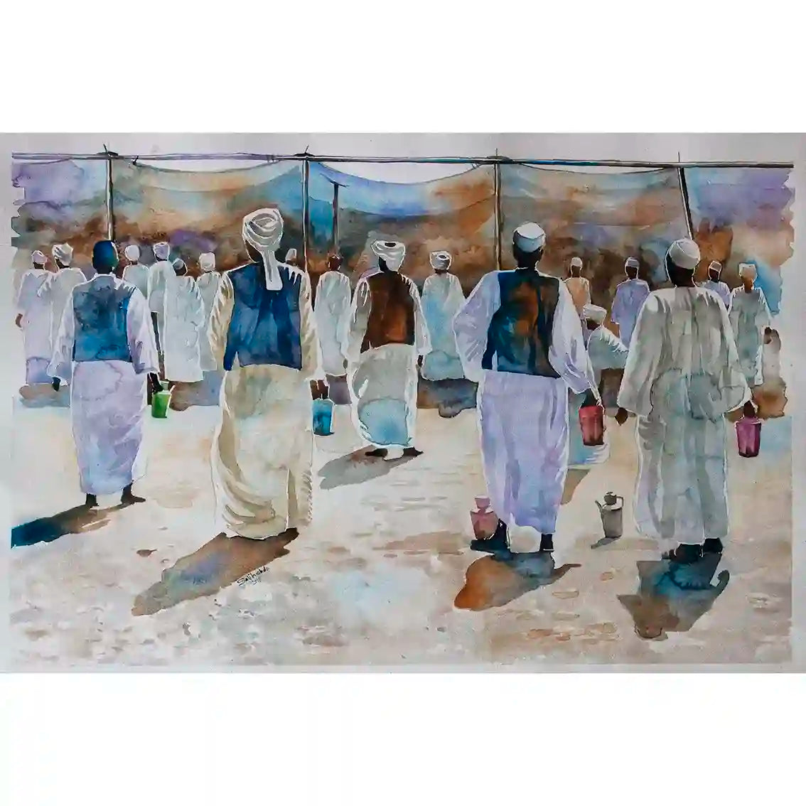 Harmony in White watercolor art print by Salih Abdo showing Sudanese men in traditional white dress gathering under canopies