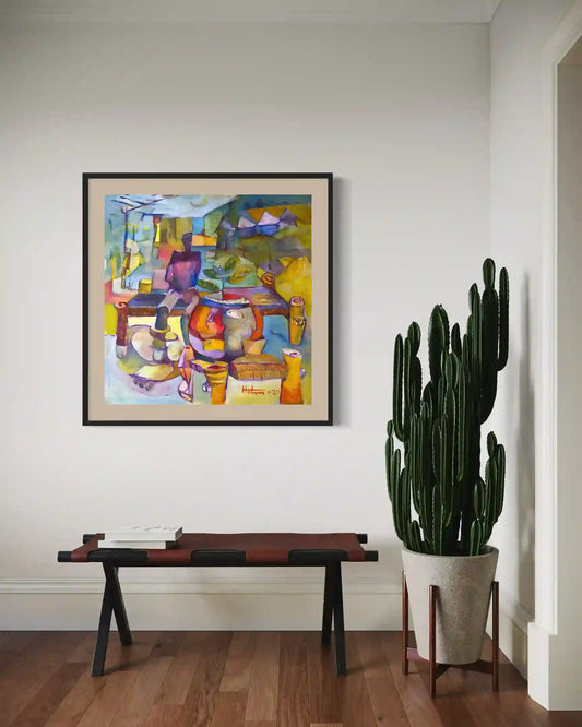 Framed Metamorphosis Interrupted print by Hatim Kuku in contemporary home setting with wooden furniture and plant decor