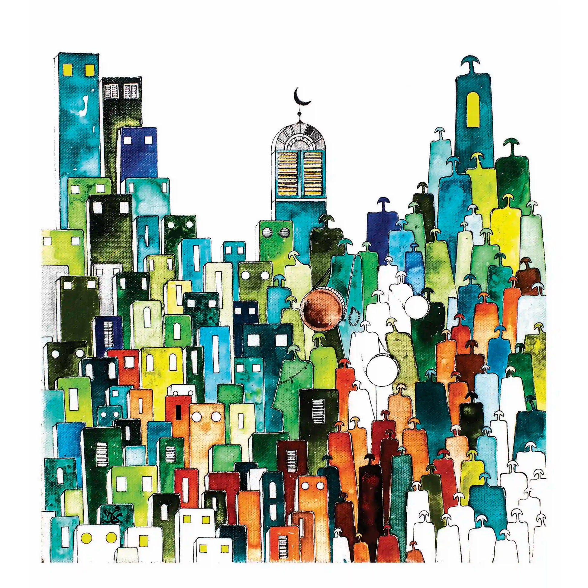 A colorful abstract illustration of a cityscape with various buildings and a figure in the foreground.