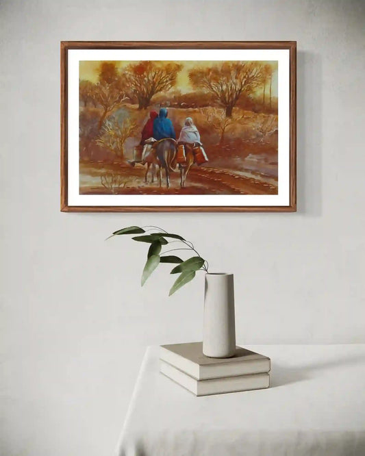 Homeward watercolor by Hussein Merghani framed on wall, three travelers on donkeys desert painting home decor mockup