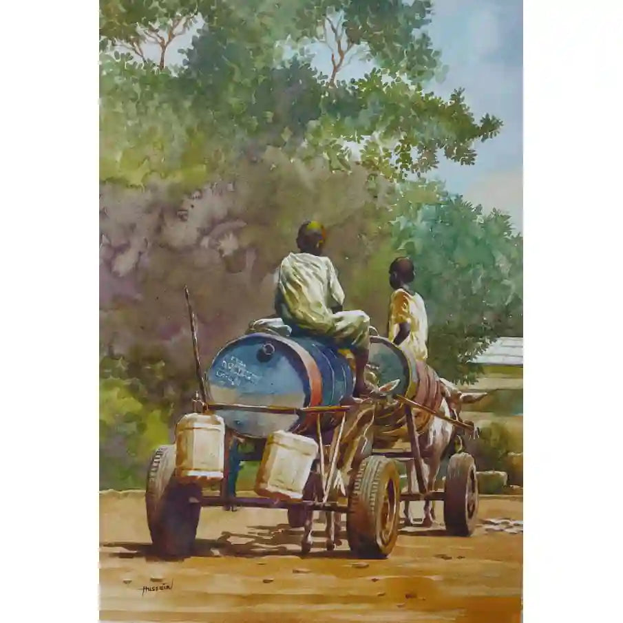 Water Cart watercolor painting by Hussein Merghani showing two Sudanese boys delivering water via donkey cart on rural road
