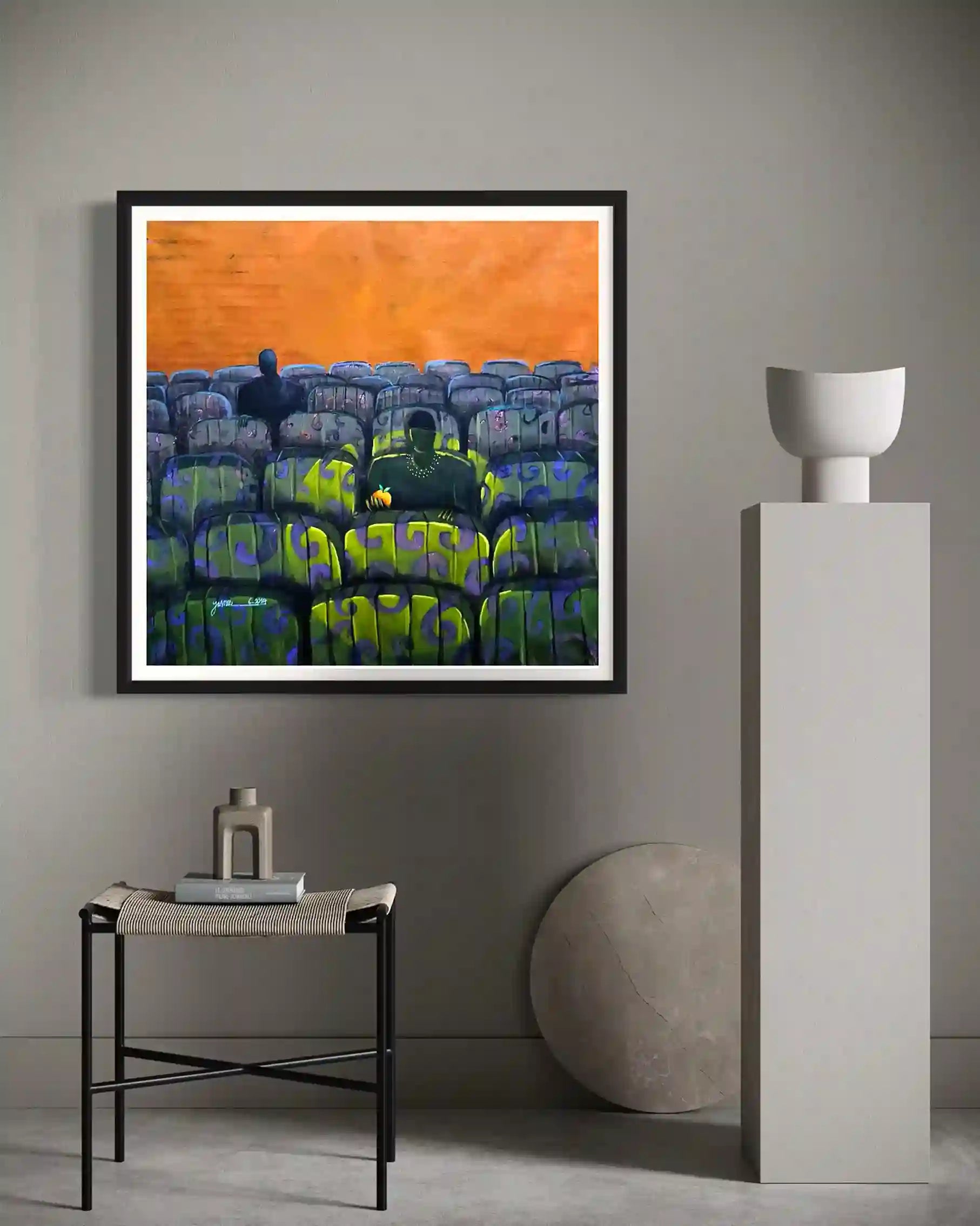 Original acrylic I Have A Seat by Yasmeen Abdullah framed and displayed in minimalist interior with modern decor