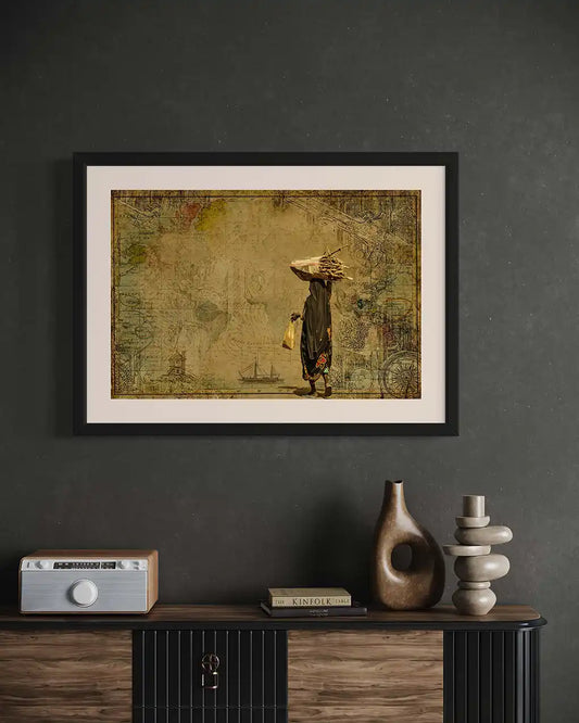 I Rise digital collage framed art mockup on dark wall above console empowering woman strength resilience inspirational decor