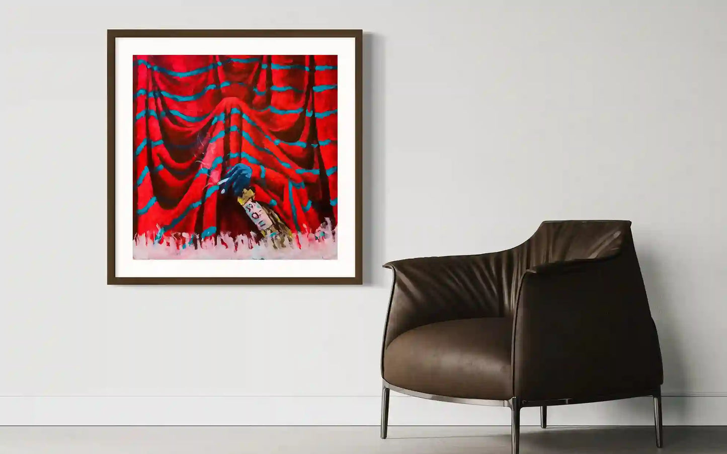 I'm Not Afraid Anymore by Mujahid Alhadi framed acrylic artwork displayed in modern living room with brown leather chair