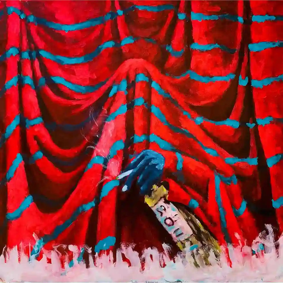 I'm Not Afraid Anymore by Mujahid Alhadi acrylic art showing figure hiding behind red curtains with bottle and cigarette