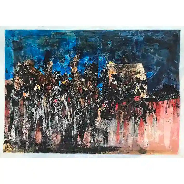 In Saturn acrylic artwork by Samir Shareef featuring dramatic blue sky, dark figures, and pink coral abstract composition.