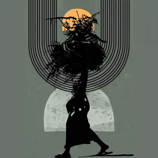 In Silhouette 1 digital collage art print featuring African woman carrying load, modern wall art with warm sunset colors