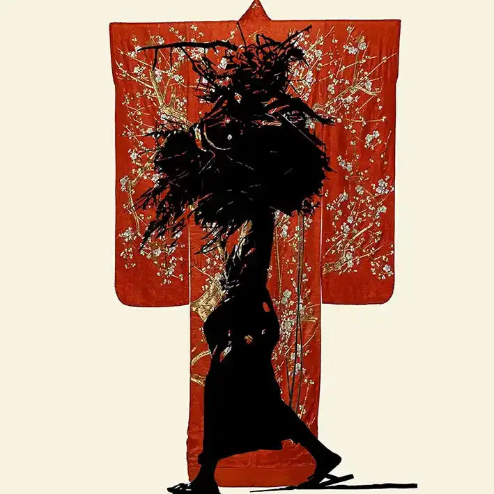 In Silhouette 2 digital art print, African woman silhouette with Japanese kimono background, contemporary wall art