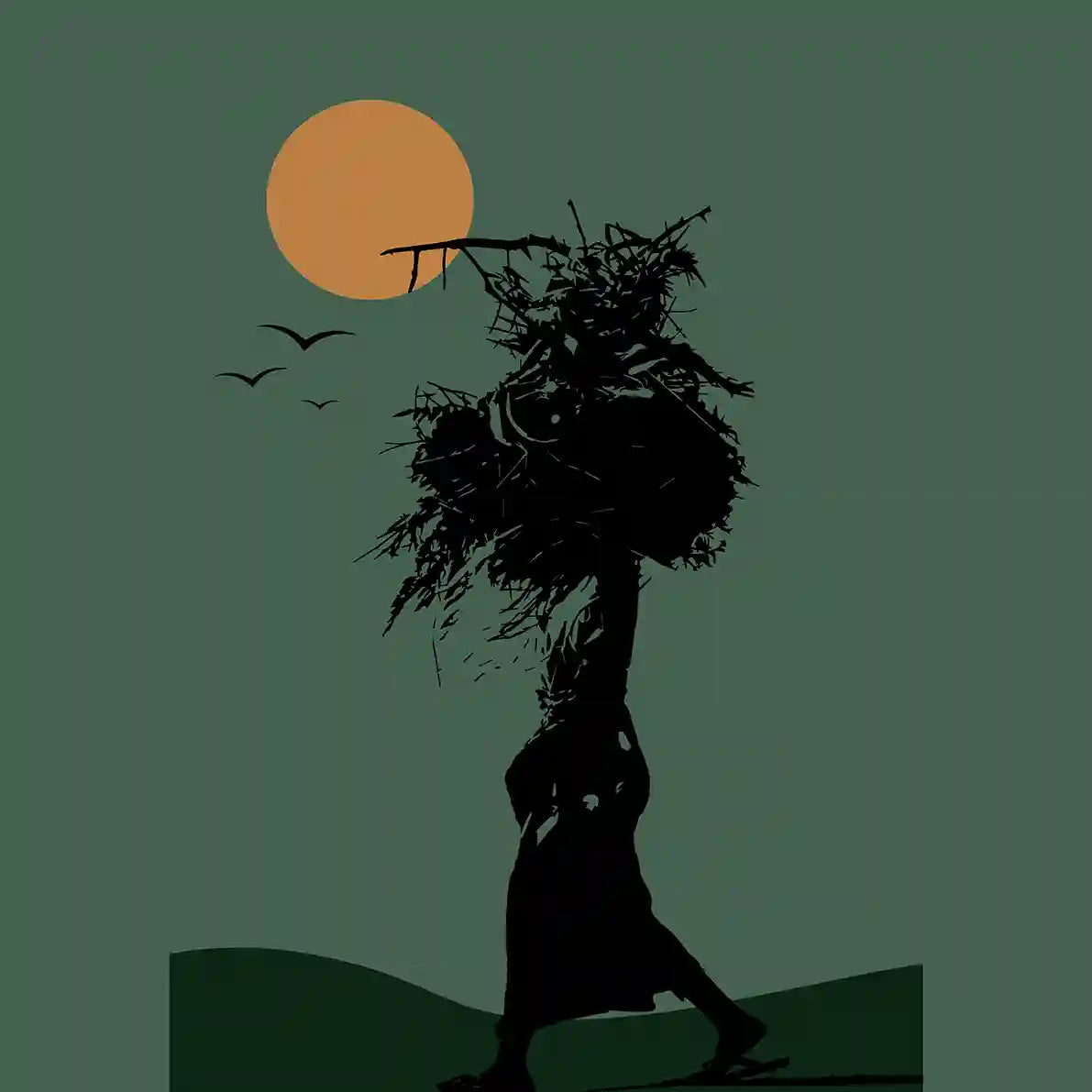 In Silhouette 3 digital art print, African woman silhouette with sunset landscape and birds, contemporary wall art