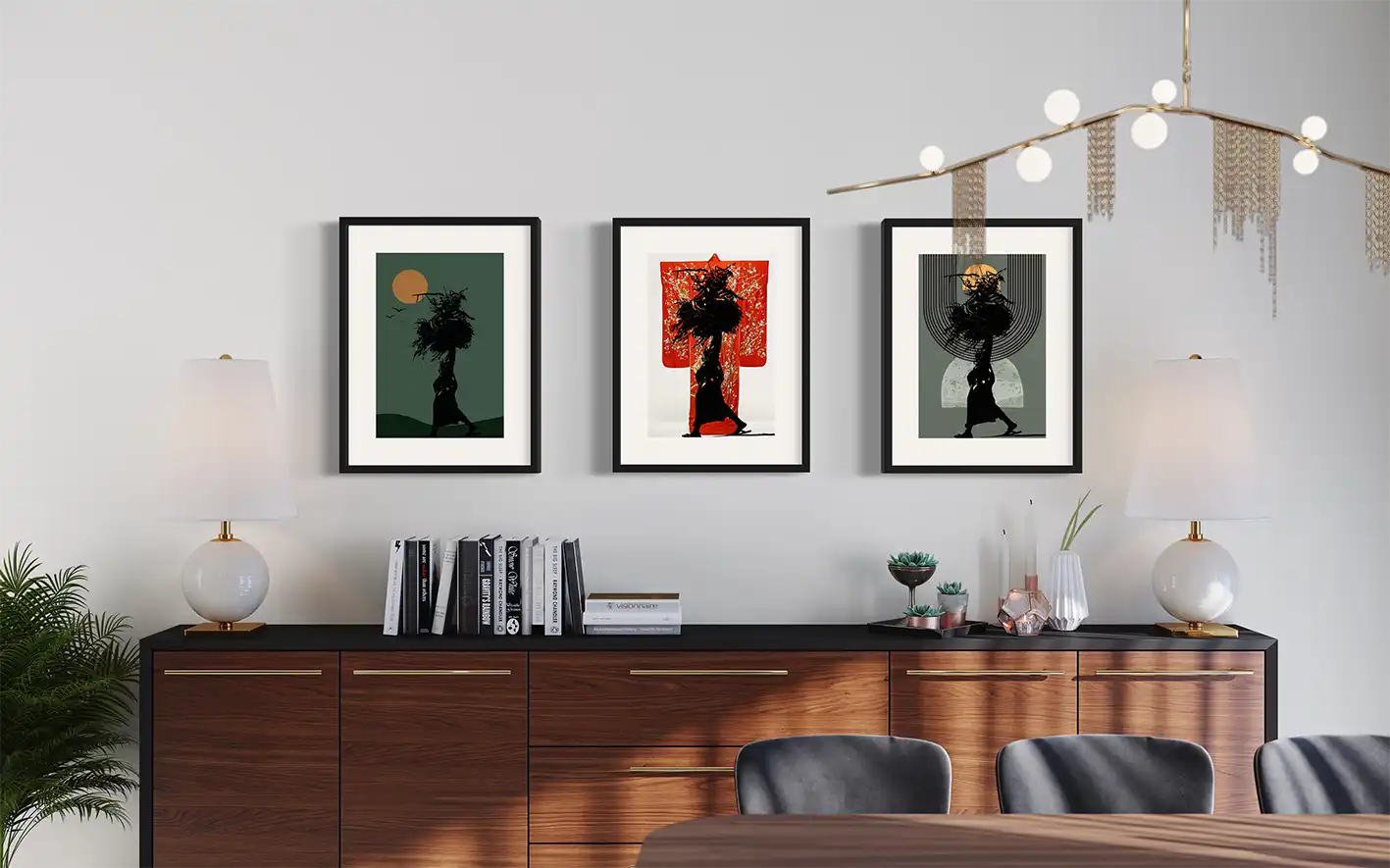 In Silhouette art series three framed prints in modern dining room, African women silhouette digital collage wall art