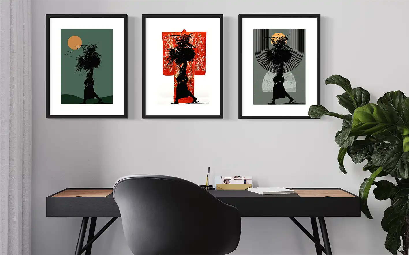 In Silhouette art series three framed prints above modern desk with plant, African woman silhouette wall art collection