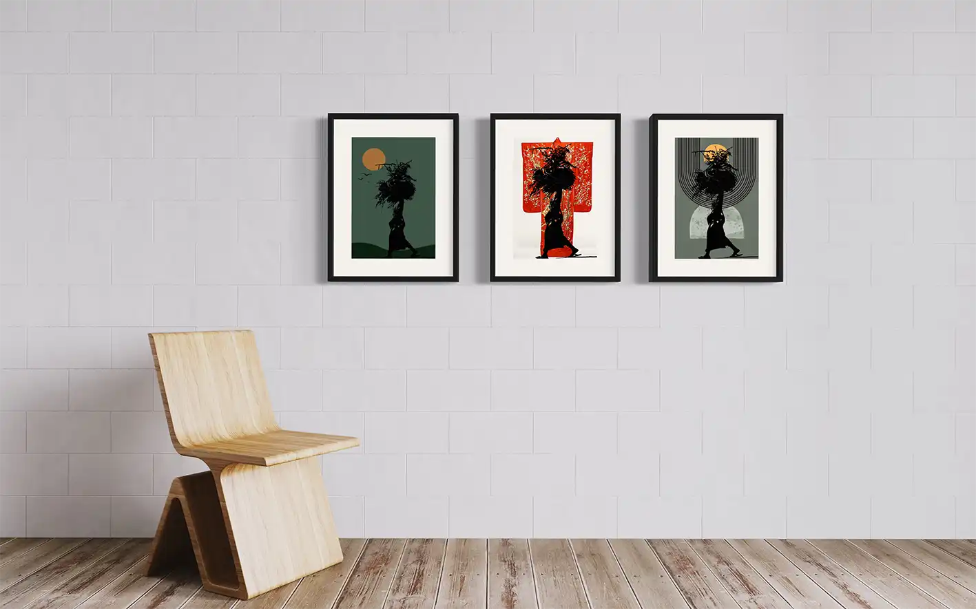 In Silhouette art series three framed prints on white brick wall with wooden chair, African woman silhouette wall art