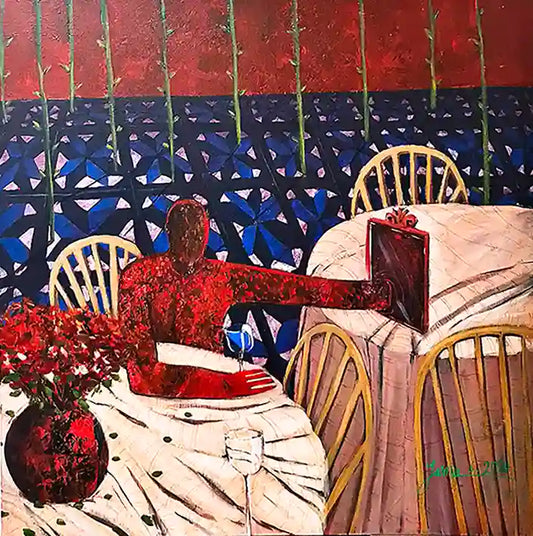 In Waiting by Yasmeen Abdullah acrylic painting figure in red at table with geometric blue wall pattern and flowers