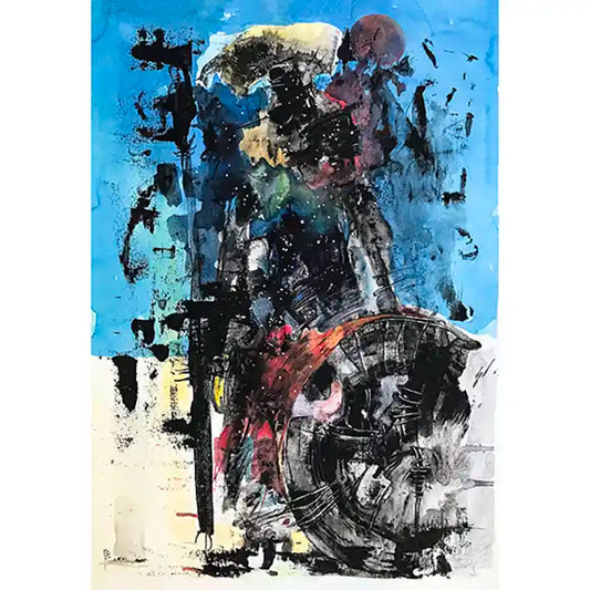 Iron Drum abstract acrylic painting by Samir Shareef with bold blues, blacks, and dynamic expressive brushwork on paper