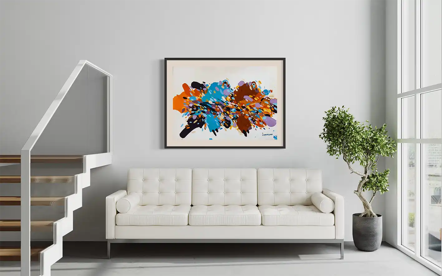 Neighbors and Beyond abstract art print by Khalid Yan in black frame above white sofa in modern minimalist living room