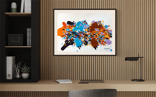 Neighbors and Beyond abstract art print by Khalid Yan displayed in black frame on modern office wall with wood paneling