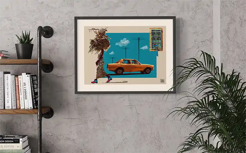 Khartoum digital collage framed art mockup on concrete wall above bookshelf Sudan taxi woman grass urban African art decor