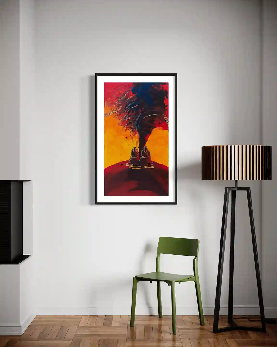 Last Light art print by Bakri Moaz displayed in black frame on white wall with green chair and modern lamp interior mockup