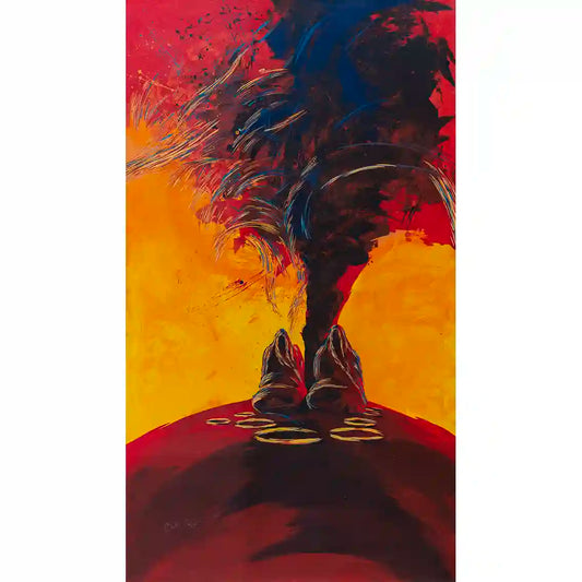 Last Light by Bakri Moaz - abstract art print showing Sudanese women sitting under tree with baskets, vibrant red & orange