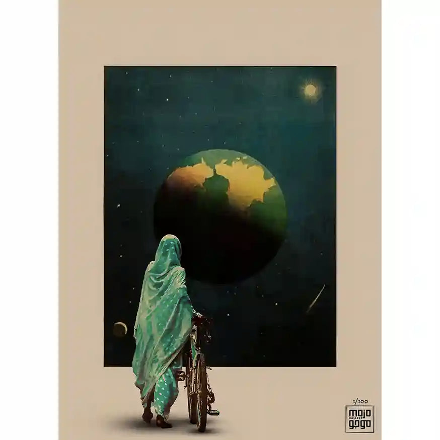 Mad World digital collage print showing Sudanese woman with bicycle gazing at Earth in starry cosmic space scene