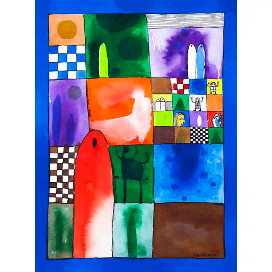 "Memory Quilt" art print by Abushariaa Ahmed featuring colorful grid of squares with patterns, figures, and abstract forms