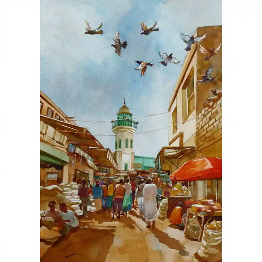Minaret Market watercolor by Hussein Merghani showing African bazaar with green mosque dome and flying birds