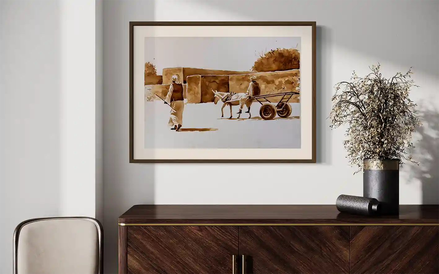 Coffee Chronicles Morning Delivery art print by Salih Abdo in wooden frame mockup on credenza with decorative vase