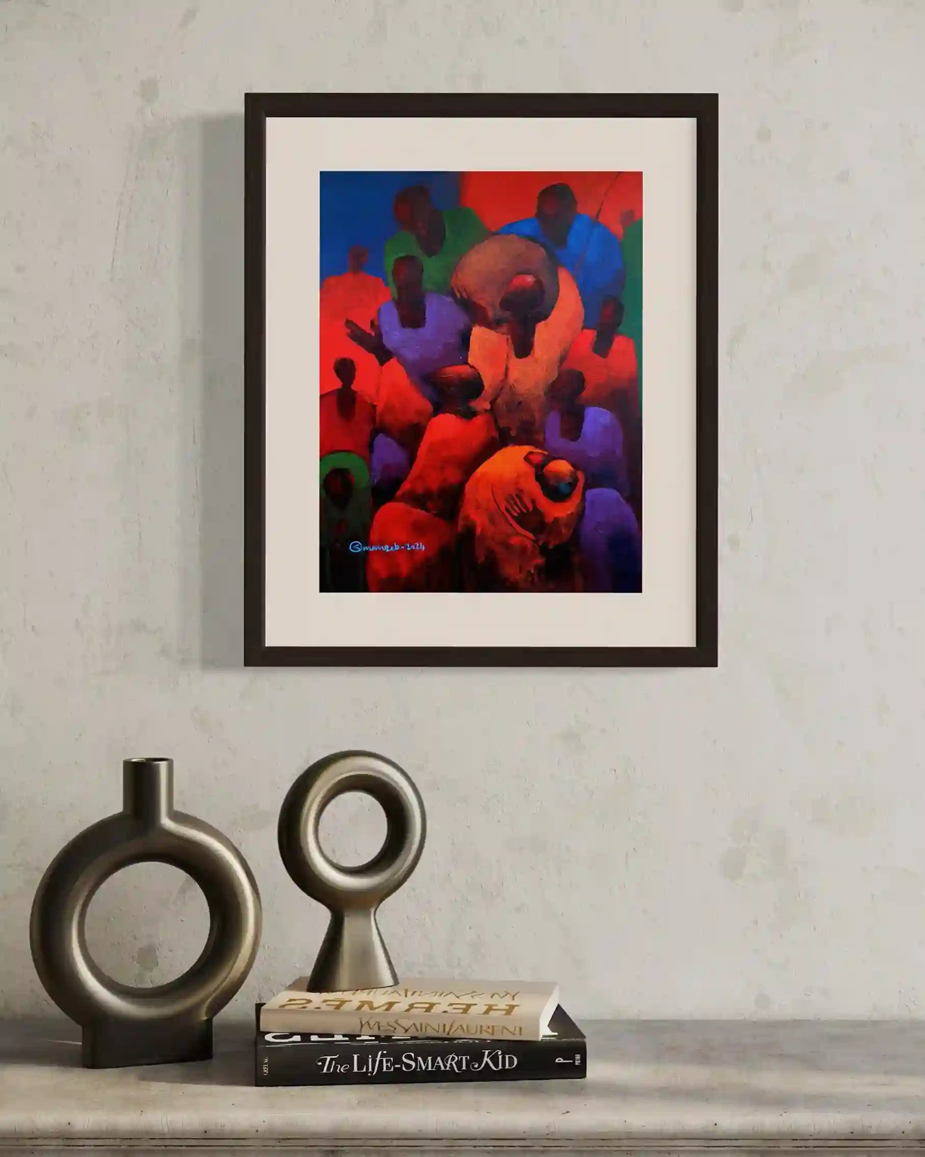 The Multi-Faceted Self original painting by Osman Adam displayed on wall with modern decor showing colorful identity