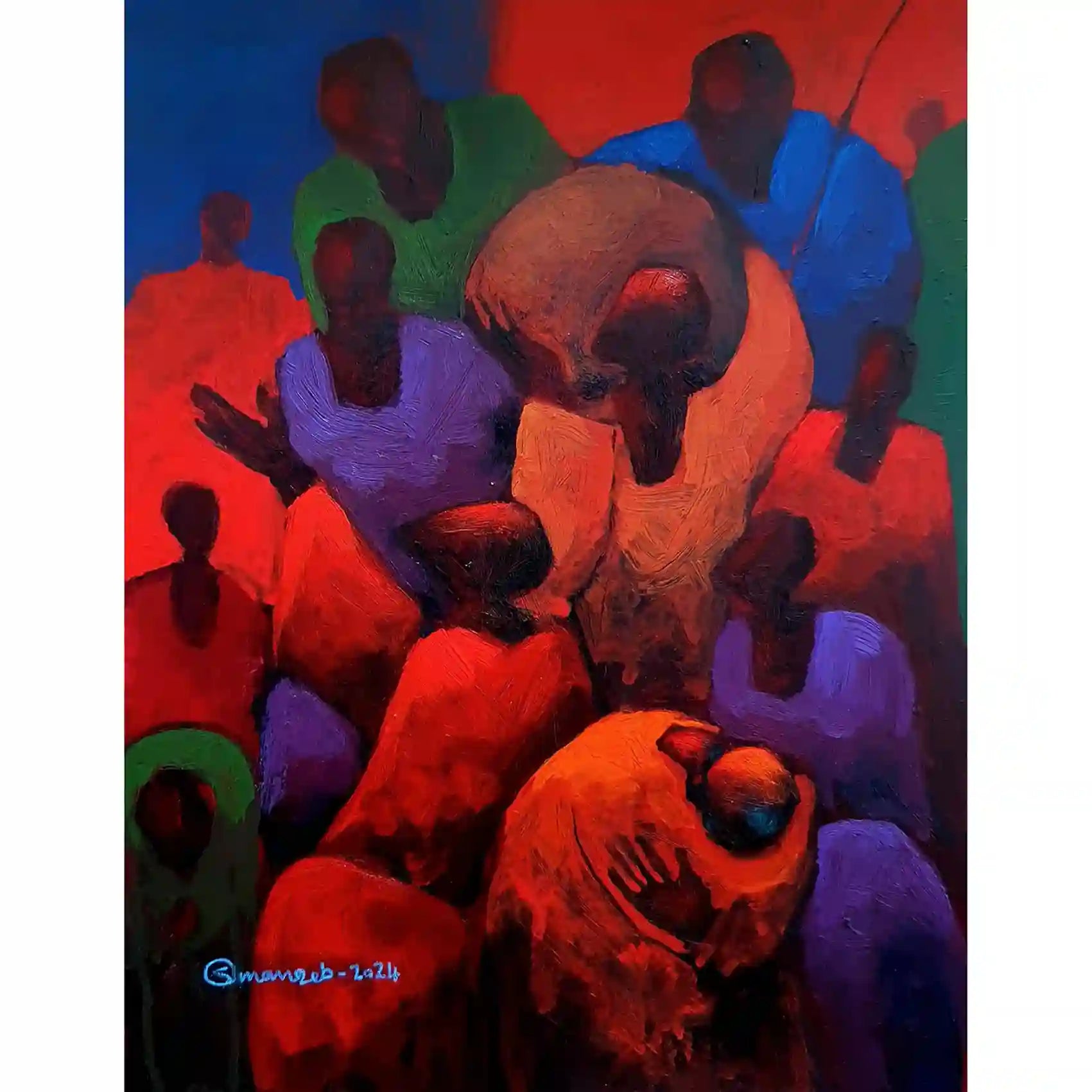 The Multi-Faceted Self acrylic painting by Osman Adam showing overlapping colorful figures exploring identity