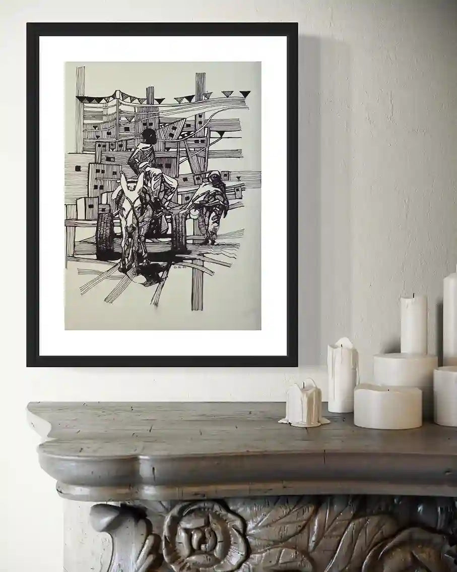Neighbourhood framed original artwork by Obada Gabir displayed above ornate table with candles showing home decor styling
