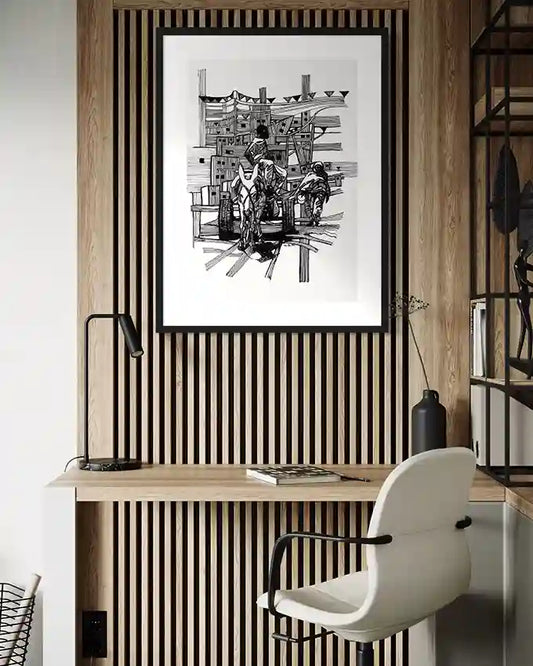 Neighbourhood art print by Obada Gabir displayed in modern home office with wooden slat wall and white desk chair